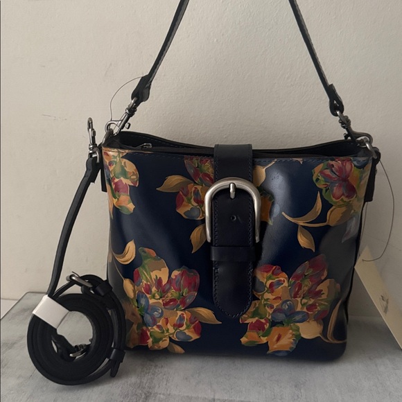 Patricia Nash Irving Bucket Crossbody Bag Distress Le Fleur Leather Black Blue - Picture 3 of 8